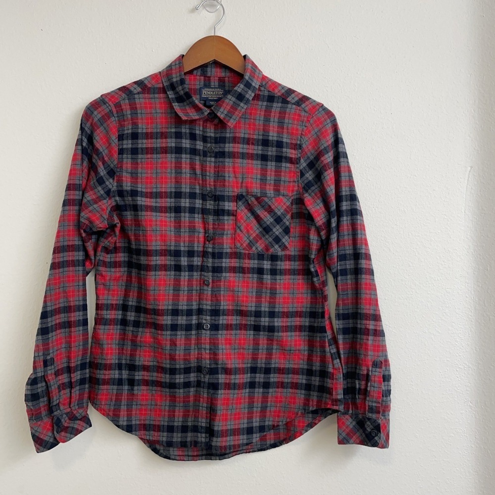 Pendleton Flannel Shirts Womens Medium Red Plaid‎ Long Sleeve Boyfriend Comfy